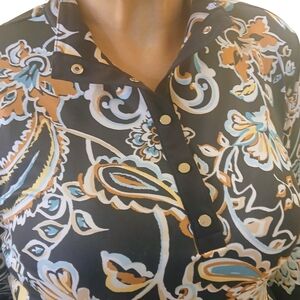 Chico's Navy and Tan Floral Blouse